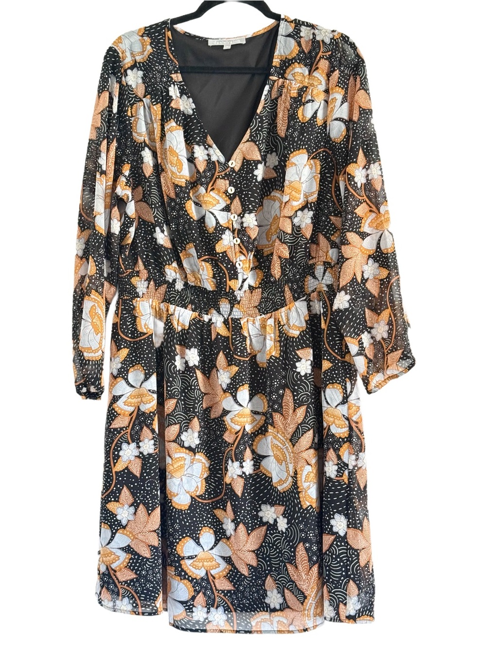 Daniel Rainn Black Floral V-Neck Long-Sleeve Dress 1X